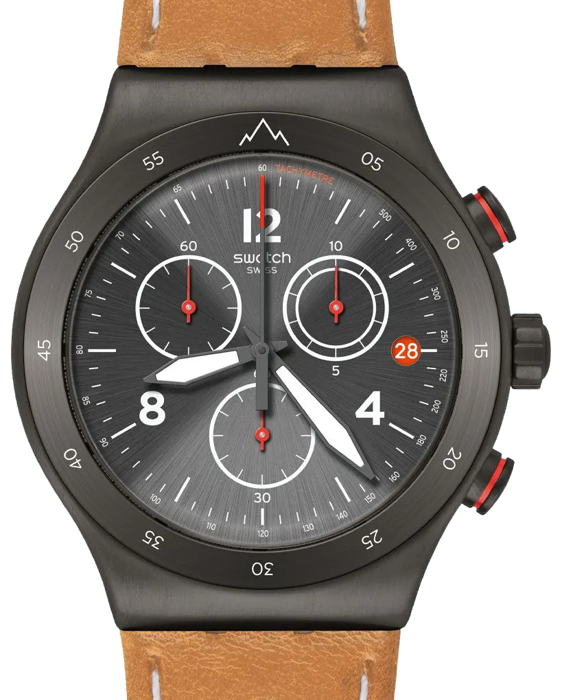 ساعة سواتش للرجال، عقارب ، بتصميم دائري ، سوار جلد بني، إطار اسود، YVZ400