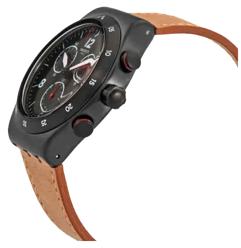 ساعة سواتش للرجال، عقارب ، بتصميم دائري ، سوار جلد بني، إطار اسود، YVZ400