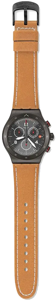 ساعة سواتش للرجال، عقارب ، بتصميم دائري ، سوار جلد بني، إطار اسود، YVZ400