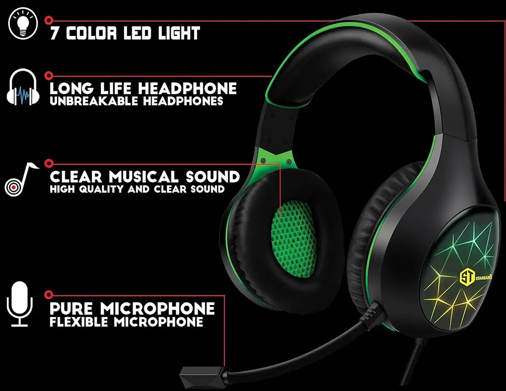 Standard Smart Wired Gaming Headset, Wired, Microphone, LED Light, Black*Green , GM-3502G