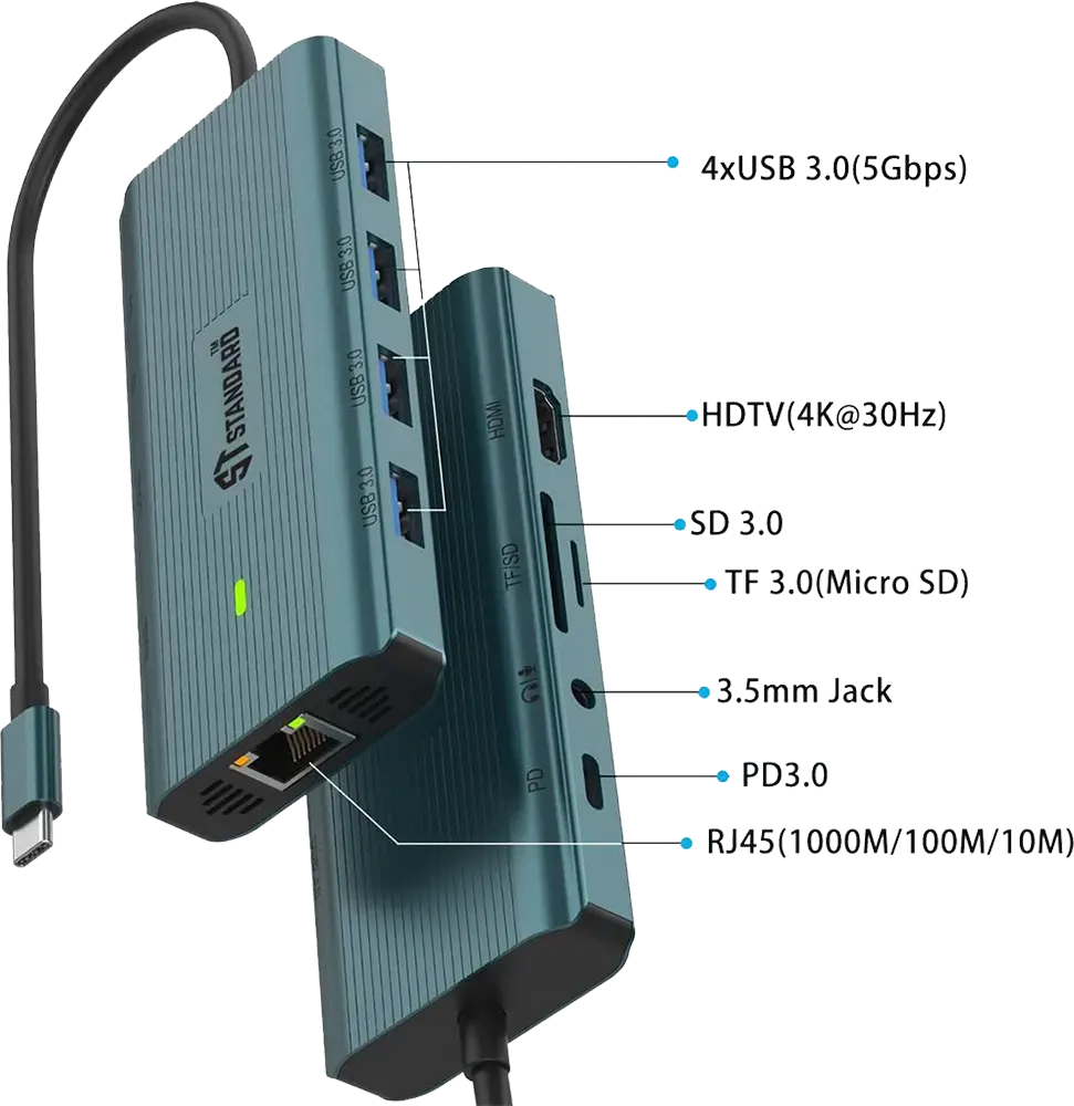 USB-C Multi-Function Dock Station HUB Standard , 10 Outputs, Blue, ST-UC962