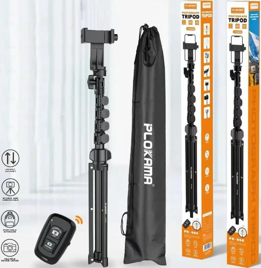 Stand Tripod Plokama With Selfie Stick , 170cm, Bluetooth Remote, Black, PK-996