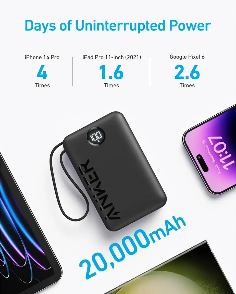 Anker Power Bank Powercore , 20000 mAh , 22.5W, Fast Charger Portable , USB-C Cable , Black , A1647H11