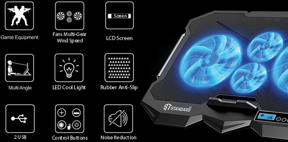 لوحة تبريد لاب توب ستاندرد ، تدعم حتى 15.6 بوصة، 4 مروحة، إضاءة ليد ، أسود، ICE-04 PLUS
