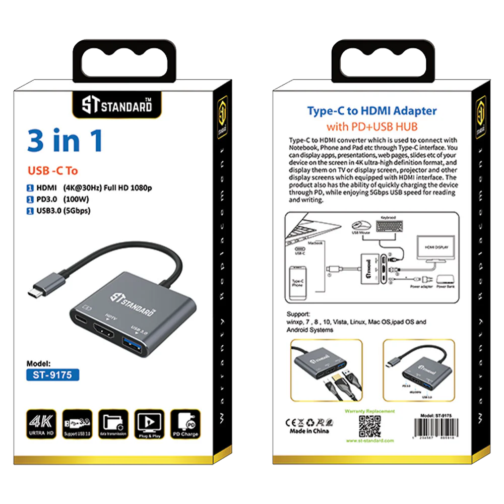ST-Standard 3 In 1 HUB Converter , 4K , USB-C To HDMI - PD3.0 - USB 3.0 , Cable 120 mm , Black , ST-9175