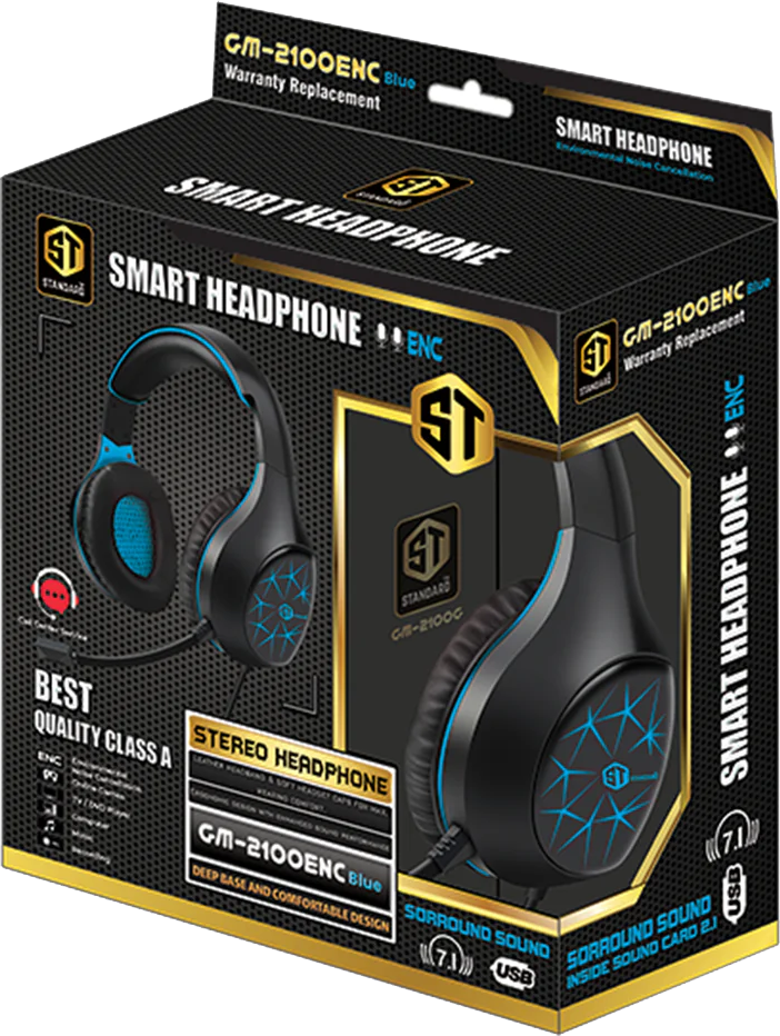 سماعة رأس سلكية سمارت من ستاندرد ، صوت ستيريو محيطي ، مايك بخاصية الغاء الضوضاء ، أزرق ، GM-2100ENC