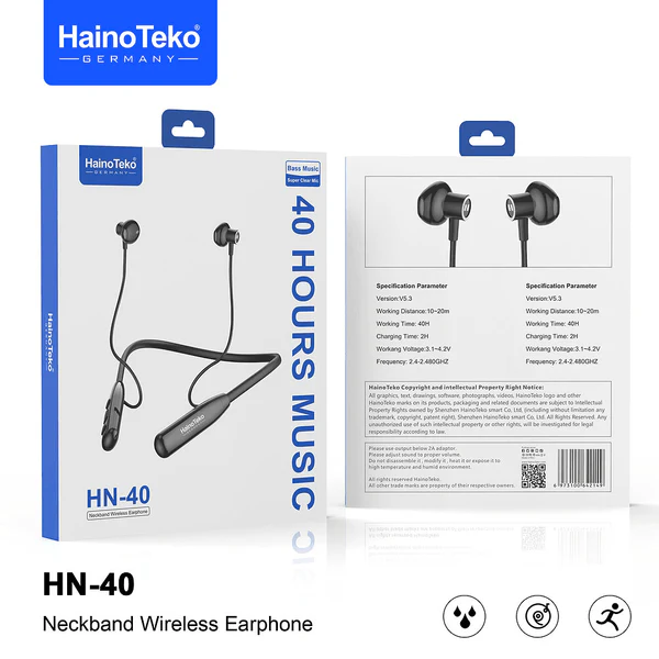 Haino Teko Wireless Neckband Earphone, Bluetooth 5.3, Black, HN 40
