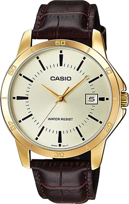 Casio Men's Watch, Gold Dial, Round Hands ,Brown Leather Strap, Analog Wrist Watch, Gold Stainless Steel Case, MTP-V004GL-9AUDF