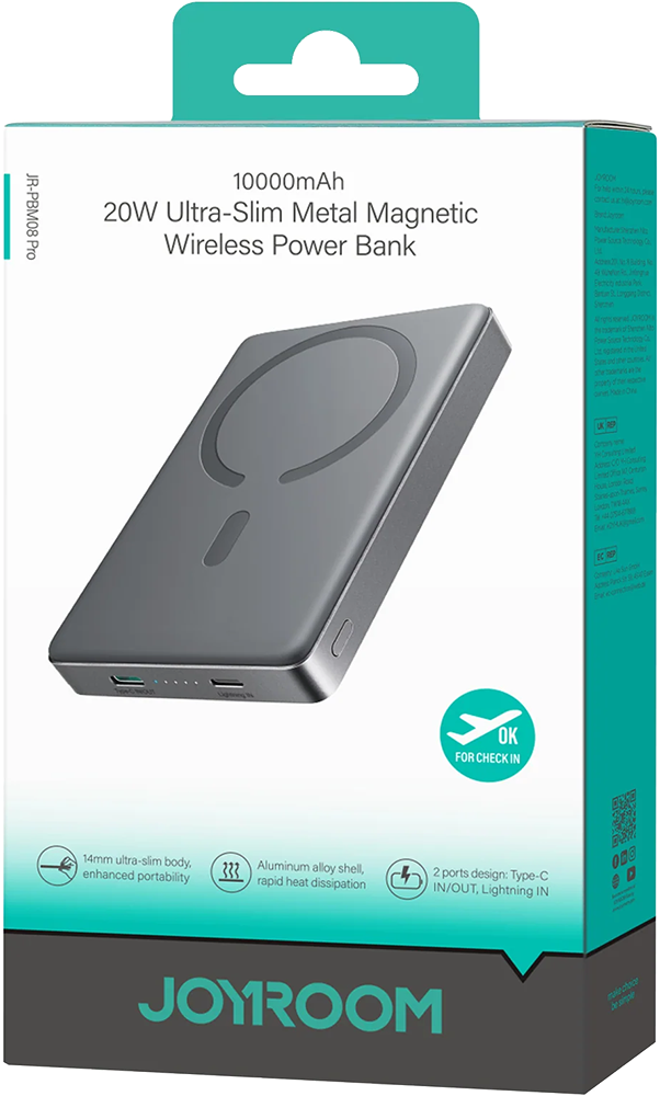 Joyroom Ultra Slim Magnetic Power Bank , Fast Charging , 10000 mAh , 20W , Metal , Grey , JR-PBM08 Pro