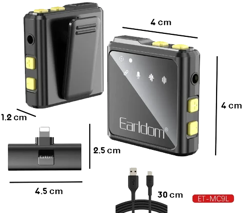 Earldom Wireless Microphone, Dual , Noise Cancelling, Lightning Connector, Black, ET-MC9L