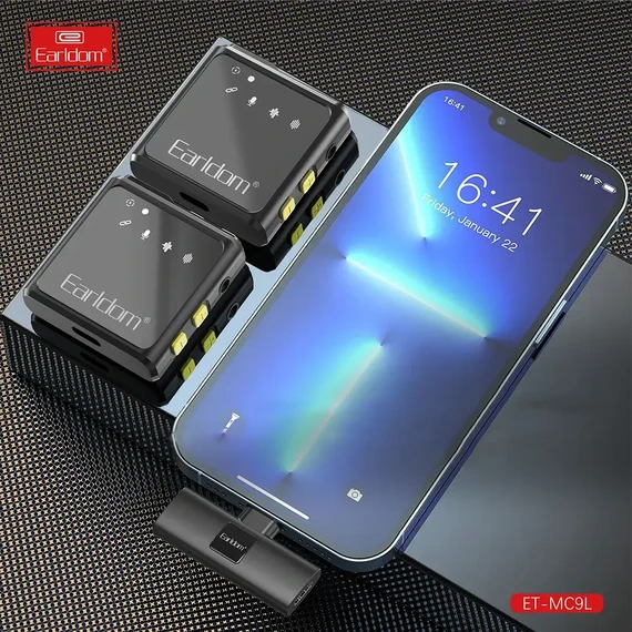 Earldom Wireless Microphone, Dual , Noise Cancelling, Lightning Connector, Black, ET-MC9L