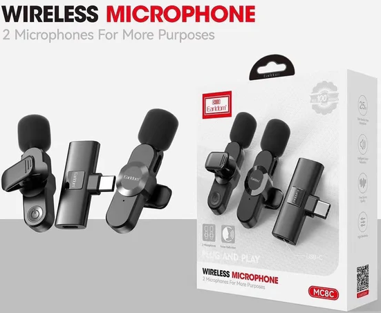 Earldom Wireless Microphone, Dual, Noise Cancelling, Type-C Connector, Black, ET-MC8C