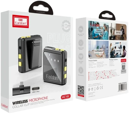 Earldom Wireless Microphone, Dual , Noise Cancelling, Type-c Connector, Black, ET-MC10C