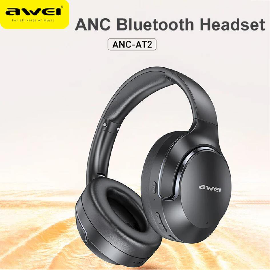 Awei Foldable Wireless Headphone, Rechargeable, Bluetooth 5.3, ANC Function, Type-C Input, Black, AT2
