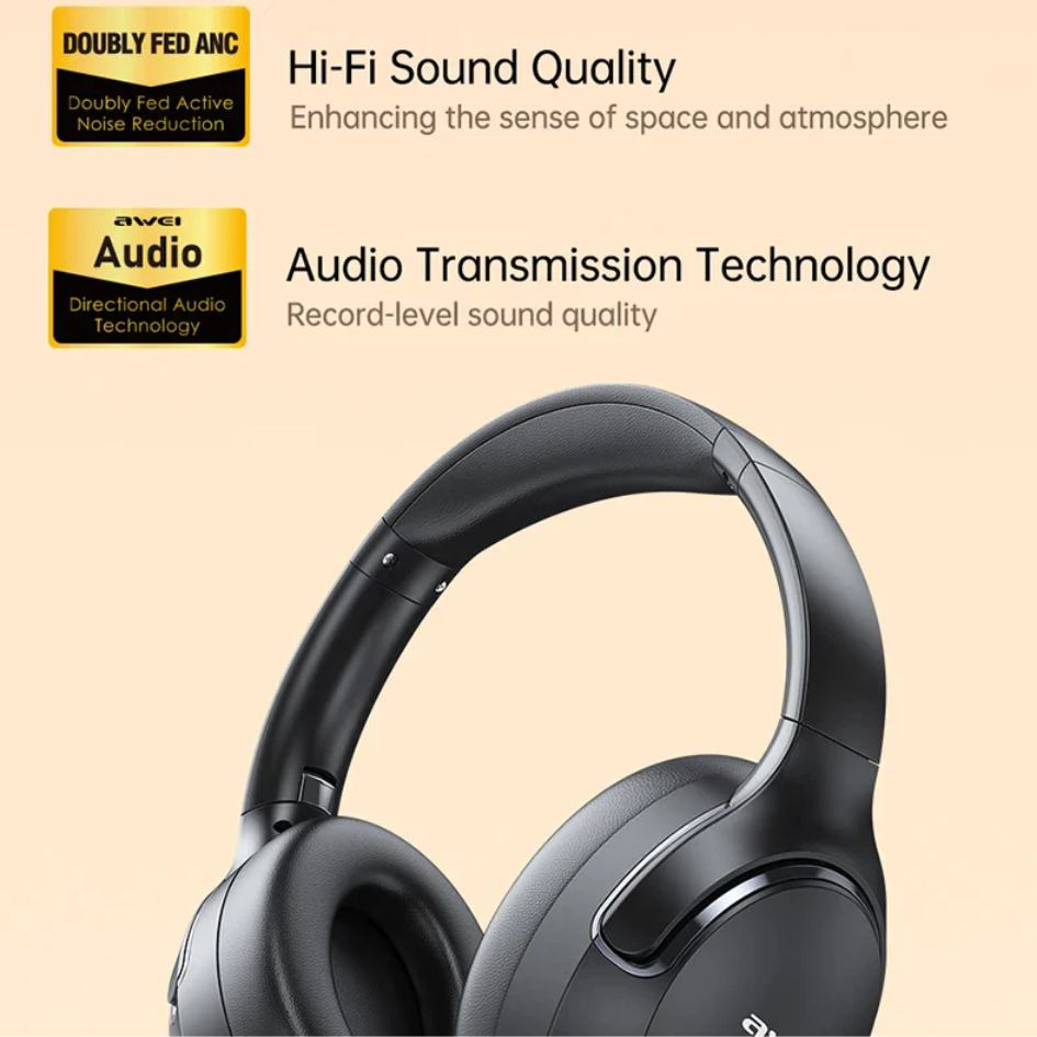 Awei Foldable Wireless Headphone, Rechargeable, Bluetooth 5.3, ANC Function, Type-C Input, Black, AT2