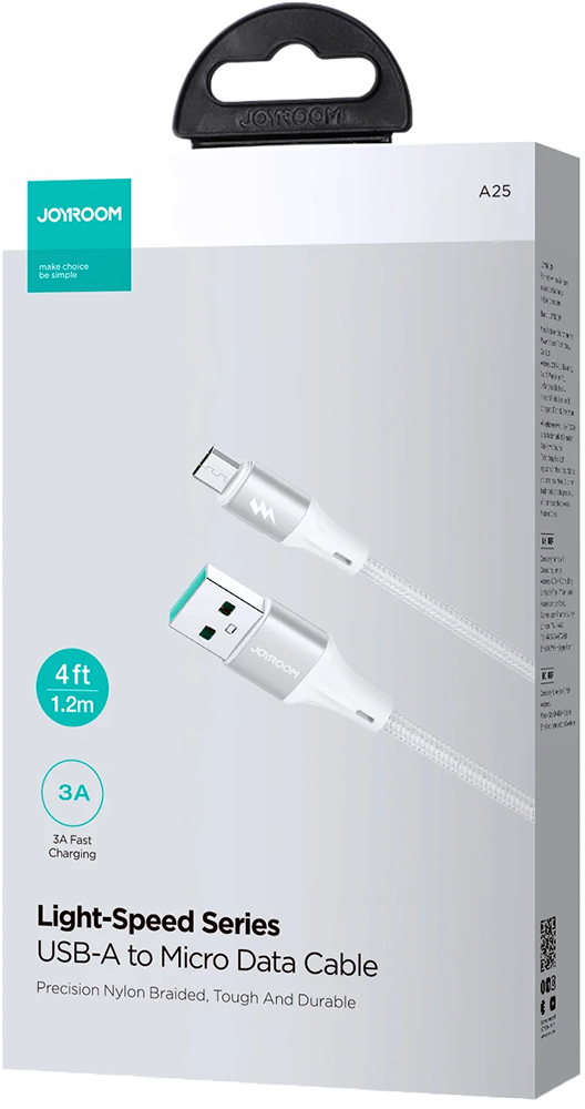 كابل شحن سريع ونقل بيانات جوي روم ، شحن سريع ، 3 أمبير ، من usb-a الى micro ، أبيض ، A25