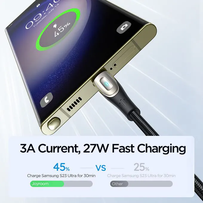 كابل شحن سريع ونقل بيانات جوي روم ، سلسلة ستار لايت ، شحن سريع ، 3 أمبير ، من usb-a الى type-c، أسود ، SA27-AC3