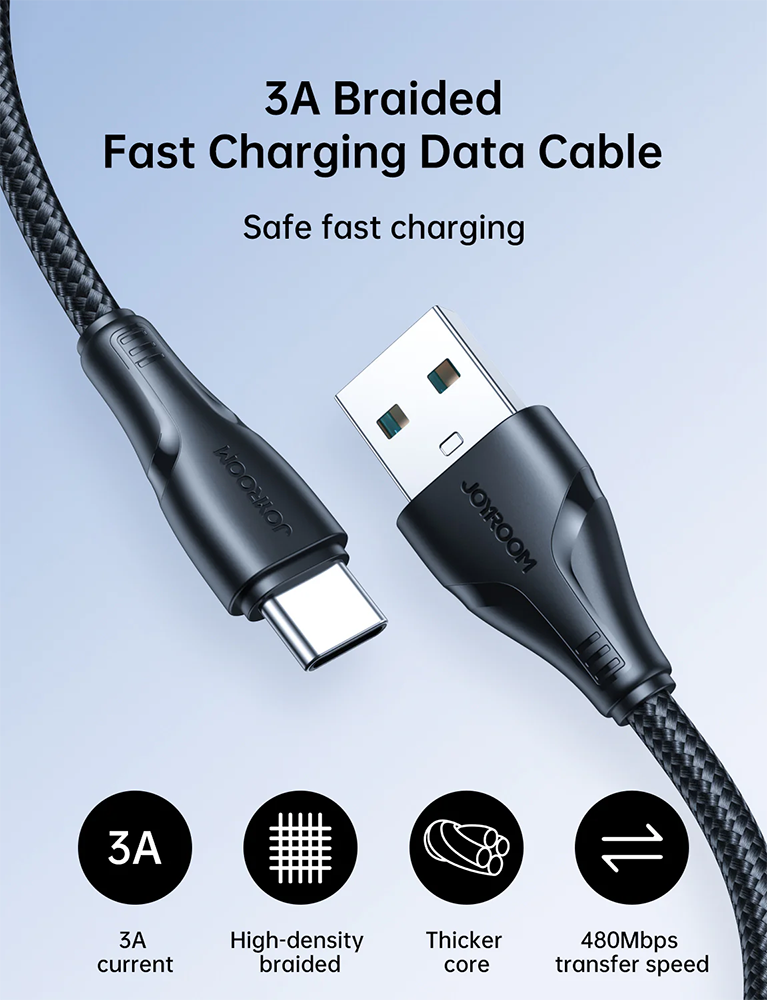 Joyroom Fast Charging and Data Transfer Cable, Extraordinary Series ,Fast Charging, 3A, USB-A to Type-C, Black, S-UC027A11