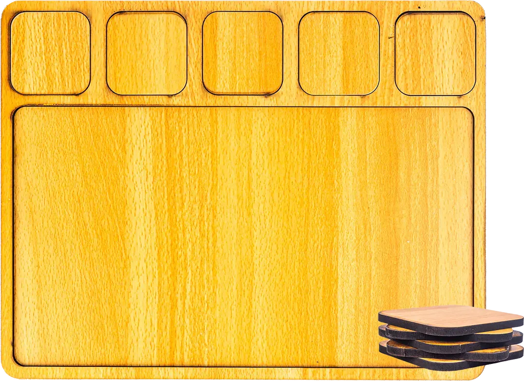 صنيه تقديم خشب مستطيله + 5 كوستر ،  مقاس كبير ، موديل 10