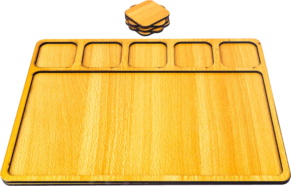 صنيه تقديم خشب مستطيله + 5 كوستر ،  مقاس كبير ، موديل 10