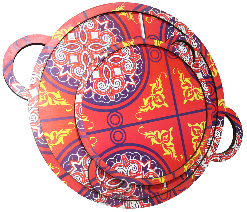 Ramadan Tent Shape Round Tray Set with Decorations, 2 Pieces, Large - Small, Model 22