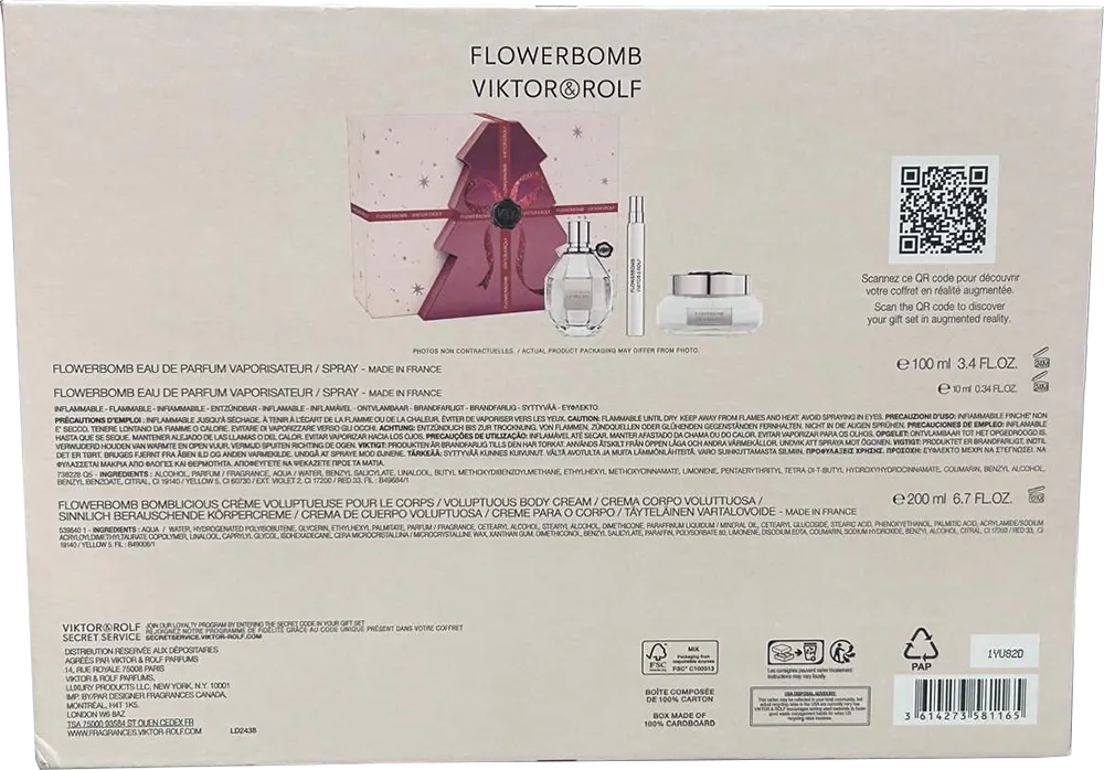 Flower Bomb Gift Set By Viktor & Rolf For Women, Flower Bomb EDP 100Ml, Travel Spray, 10ML, Body Cream  200 ML