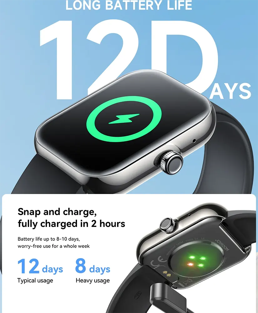 ساعة جويروم الذكية فيت لايف JR-FT5 بلس، شاشة TFT عالية الدقة مقاس 1.96 بوصة، بلوتوث 5.4، مقاومة للماء، بطارية 300 مللي أمبير، أسود جرافيت،