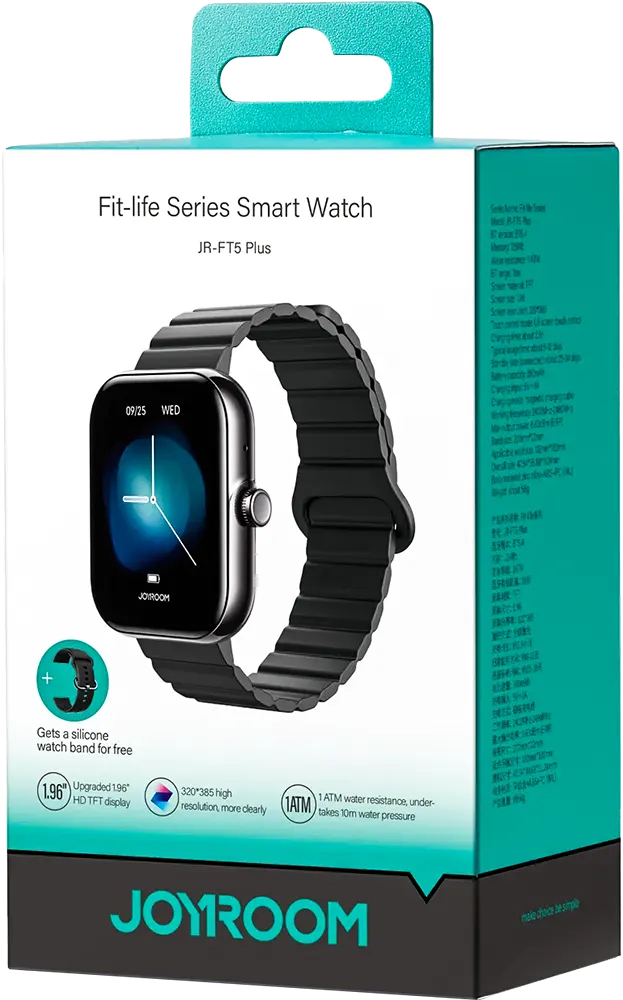 ساعة جويروم الذكية فيت لايف JR-FT5 بلس، شاشة TFT عالية الدقة مقاس 1.96 بوصة، بلوتوث 5.4، مقاومة للماء، بطارية 300 مللي أمبير، أسود جرافيت،