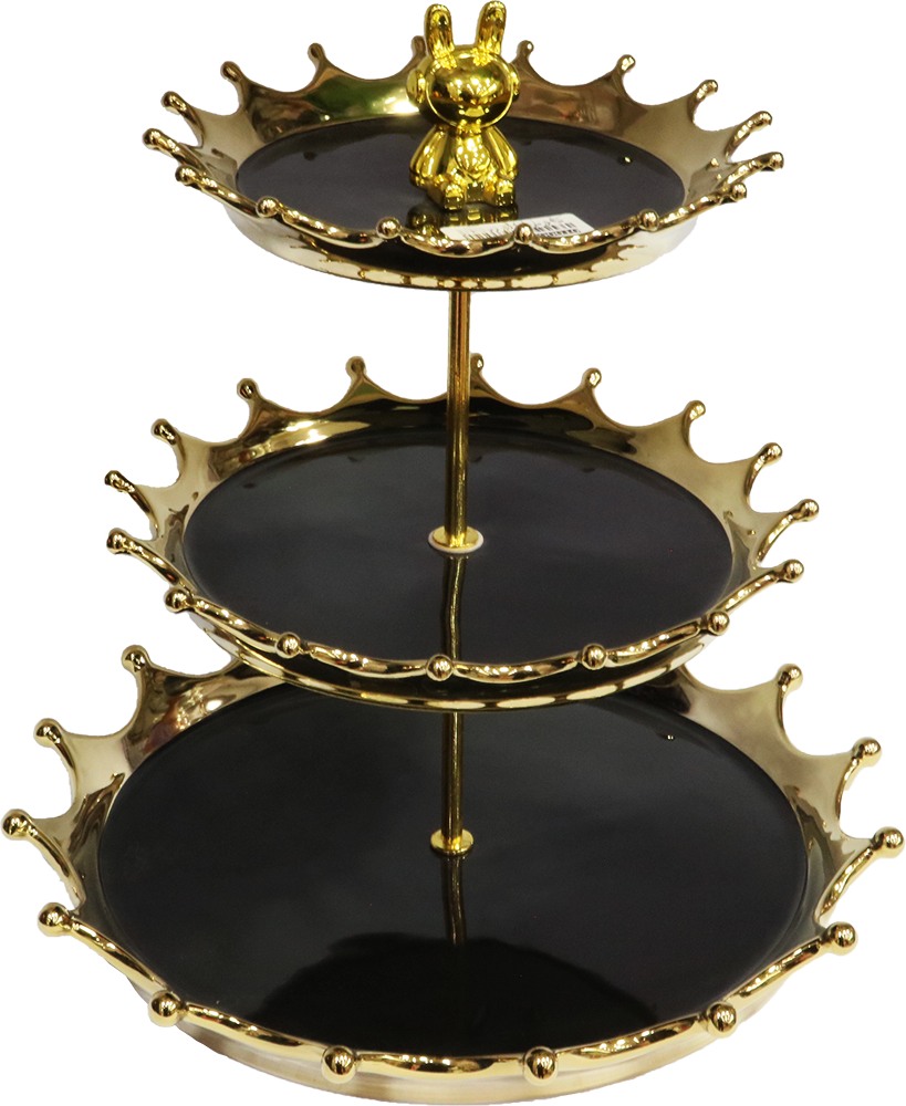 ستاند تقديم حلويات 3 دور البركة ، بورسلين ، ترس ، شكل دائري ، أسود مدهب، 005