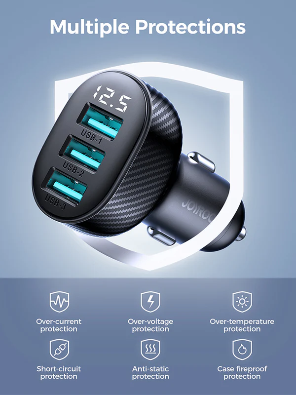 Joyroom Fast Car Charger, 3.4A, Digital Display, 3 USB Ports, Black, JR-CCD03
