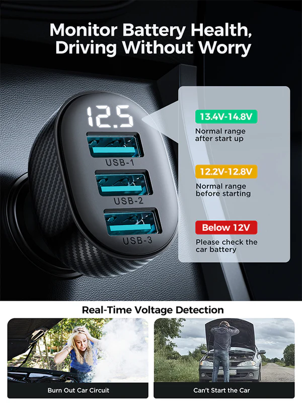 Joyroom Fast Car Charger, 3.4A, Digital Display, 3 USB Ports, Black, JR-CCD03