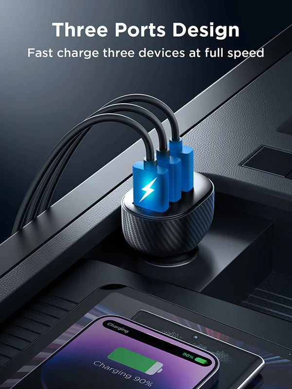 Joyroom Fast Car Charger, 3.4A, Digital Display, 3 USB Ports, Black, JR-CCD03