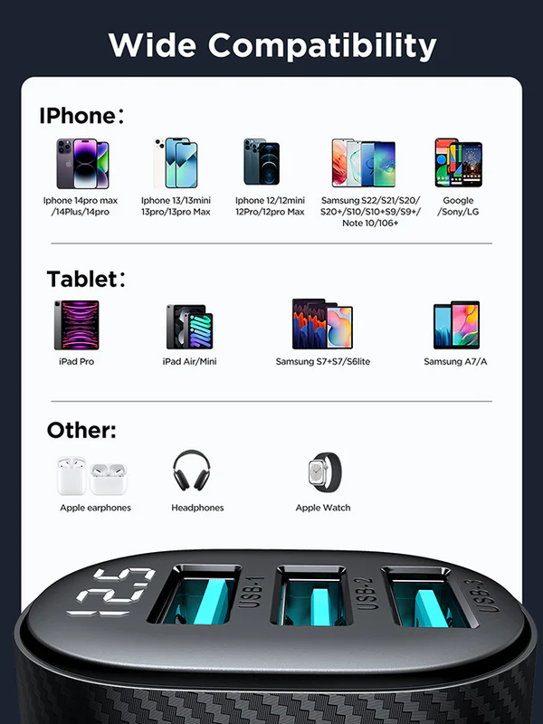 شاحن سيارة سريع جوي روم ، 3.4 أمبير ، شاشة ديجتال، 3 منافذ USB ، أسود ،JR-CCD03