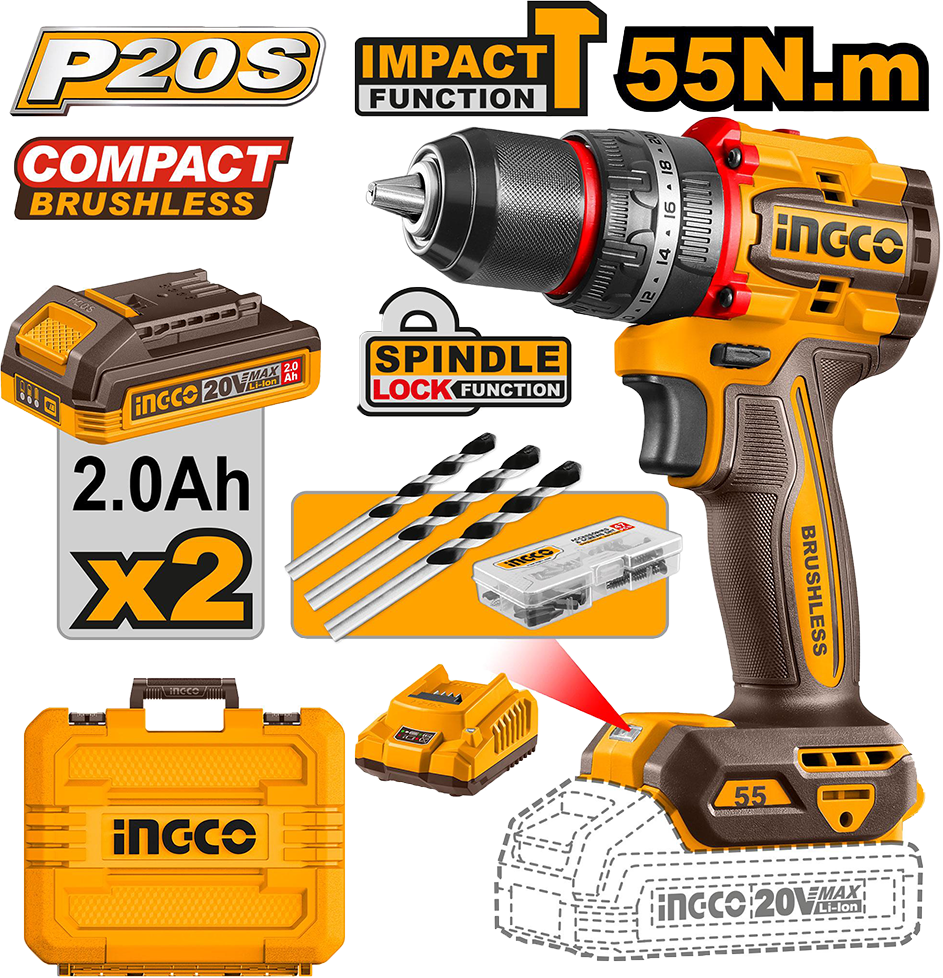 INGCO Rechargeable Brushless Impact Driver, 20V, 55Nm, 2 Battery, Orange, CIDLI20558