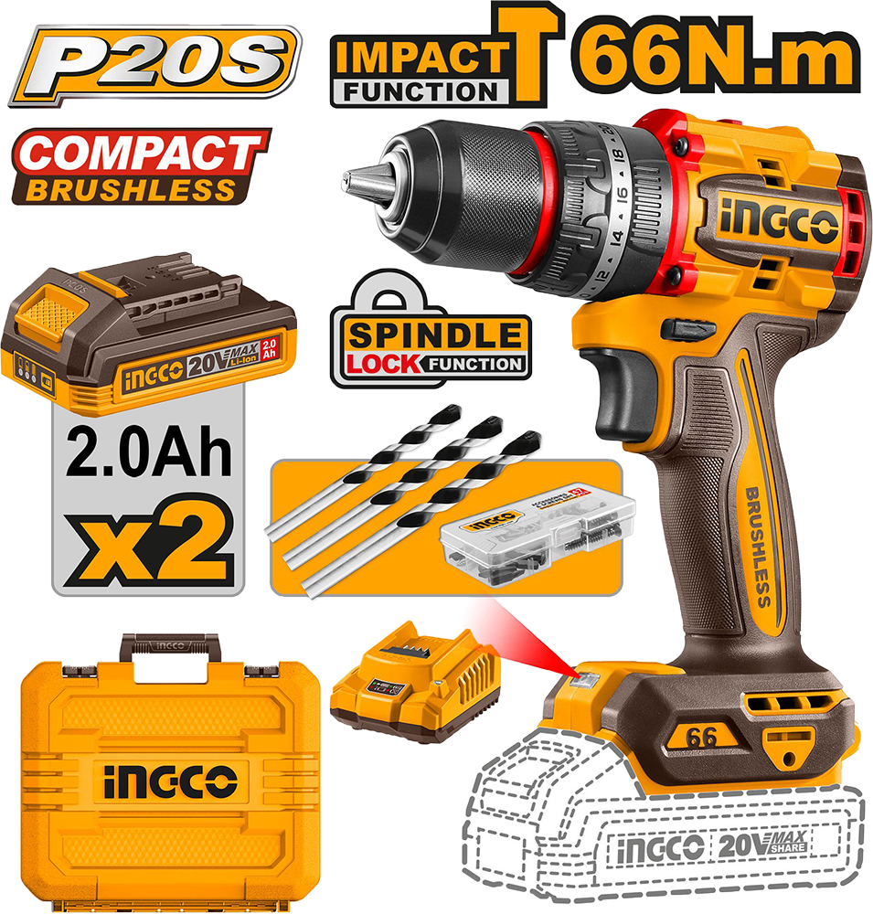 INGCO Rechargeable Brushless Impact Driver, 20V, 66Nm, 2 Battery, Orange, CIDLI20668