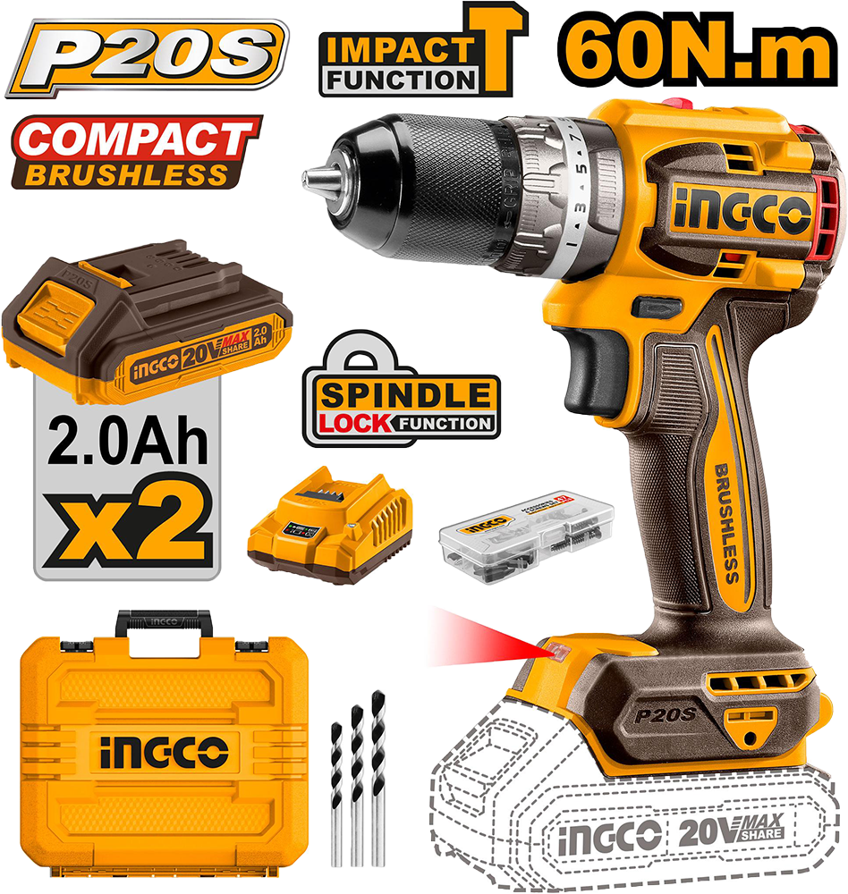 Ingco Rechargeable Brushless Impact Driver, 20V, 60Nm, 2 Battery, Orange, CIDLI20602