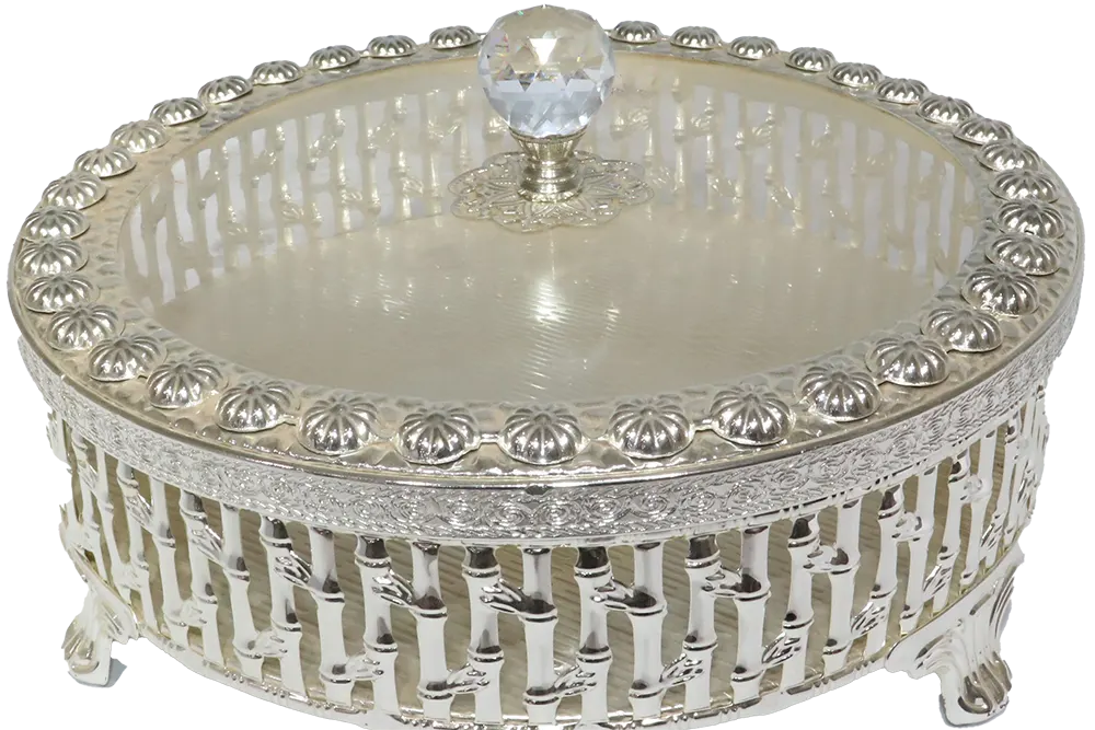 Glass And Metal Bonbonniere with Glass Lid, Round, silver, 247B