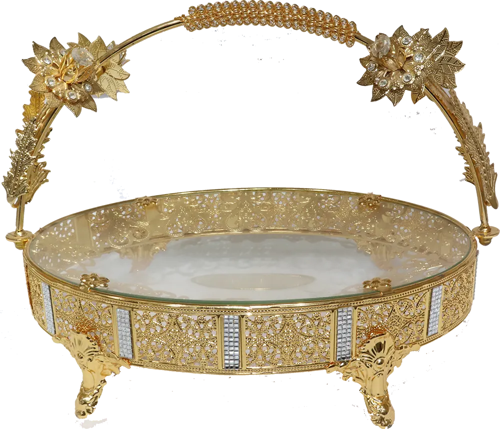 Glass And Metal Fruit Plate, Size Large, oval, Gold, 209