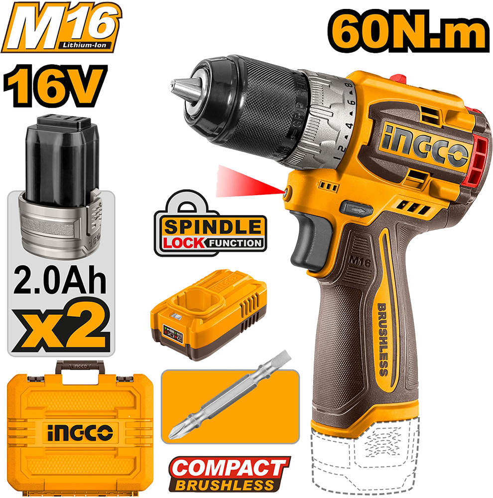 Ingco Brushless Impact Driver, 16V, 60Nm, 2 Battery, Rechargeable, CDLI16682