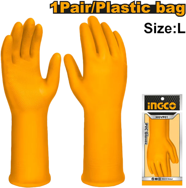 Ingco PVC Plastic Gloves, 32 cm, Orange, HGVP-01