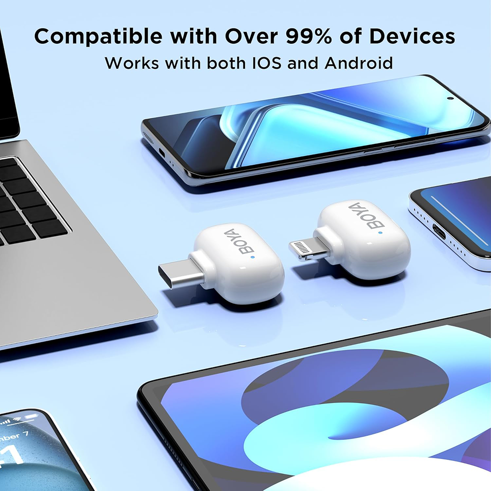 BOYA MINI-13 2.4GHz Dual Channel Wireless Microphone with Noise Cancelling, Lightning and Type-C Receiver, Black