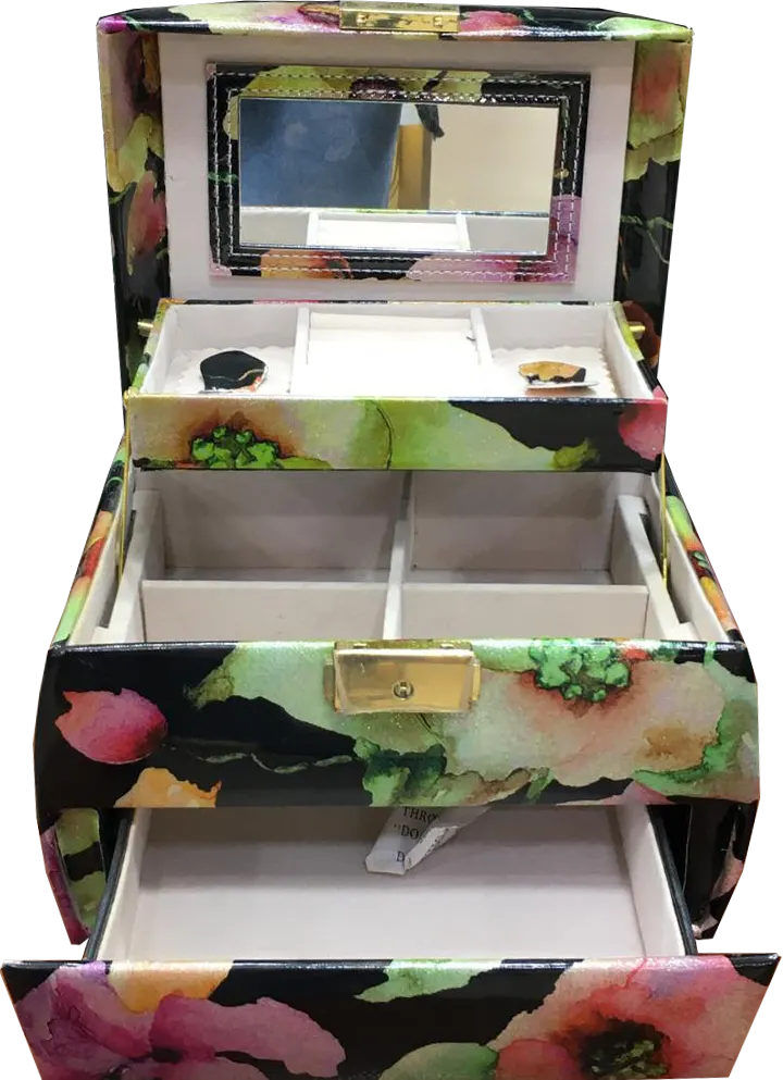 منظم اكسسوارات من الجلد الصناعي مطبوع عليه زهور مع مرآة و درجين ، متعدد الألوان