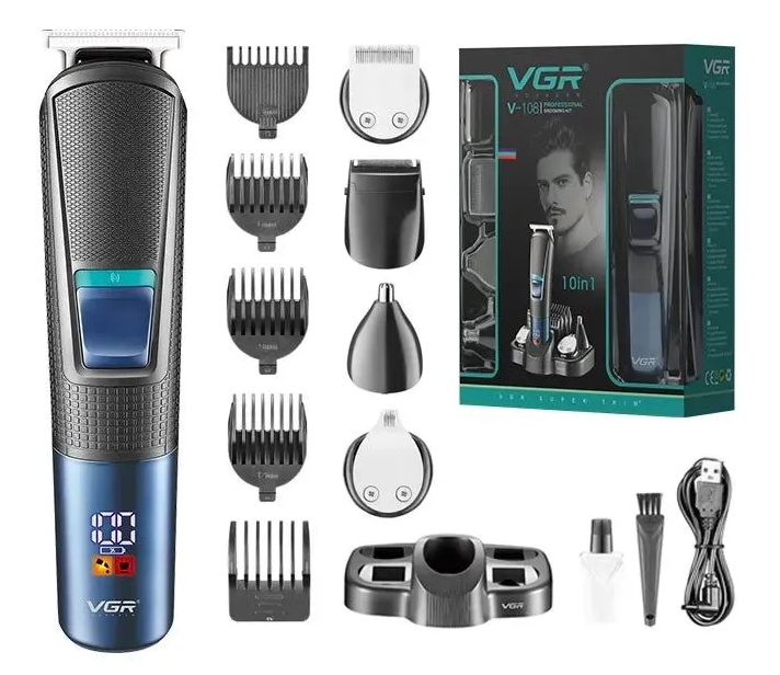 ماكينة حلاقة كهربائية في جي أر  10 في 1 للرجال ، لقص الشعر والدقن ، شاشة ليد ، 10 ملحقات ، أسود - أزرق ، V-108