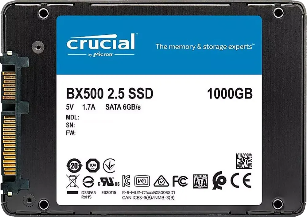 هارد ديسك داخلي كروشال BX500 ساتا 2.5 بوصة SSD، للاب توب والكومبيوتر، سعة 1 تيرابايت، ، أسود، CT1000BX500SSD1