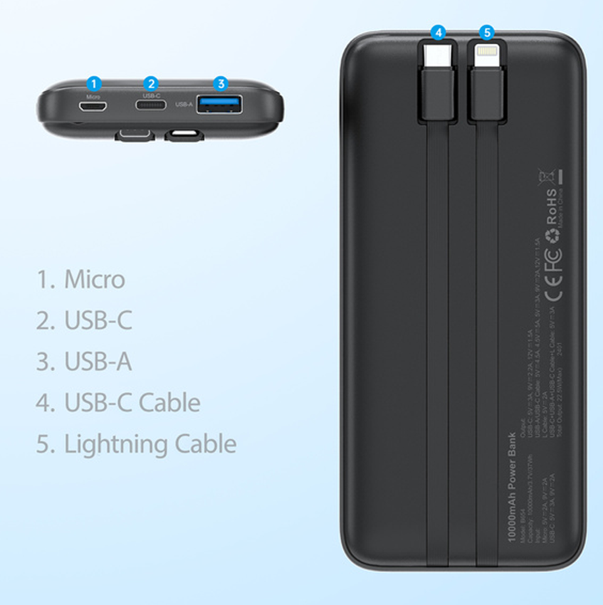 باور بانك تشويتك، 10000 مللي أمبير، شحن سريع 22.5 وات ، كابل type-c و lightning مدمج، أسود، B654