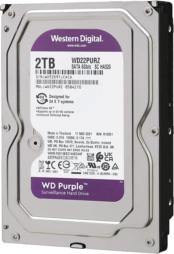 Western Digital Hard Disk HDD, Internal, for Security and Surveillance Systems, 2TB, Violet, WD22PURZ