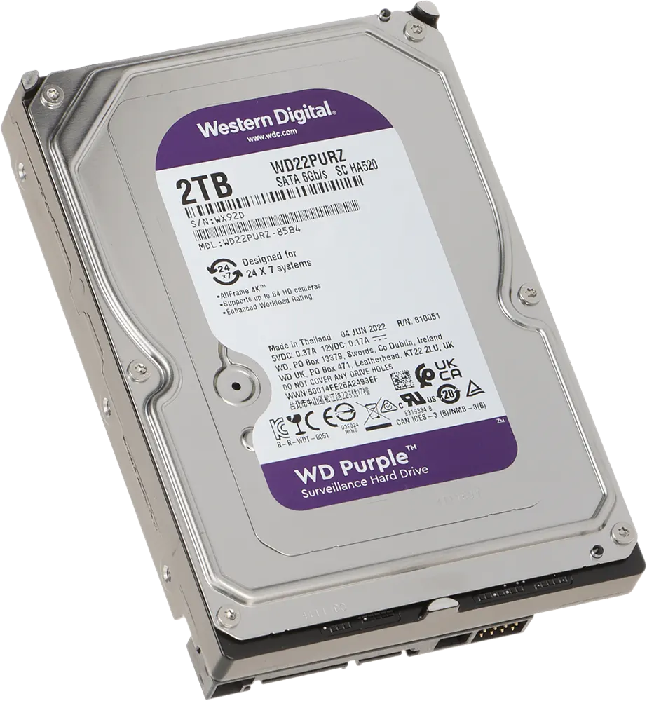 Western Digital Hard Disk HDD, Internal, for Security and Surveillance Systems, 2TB, Violet, WD22PURZ