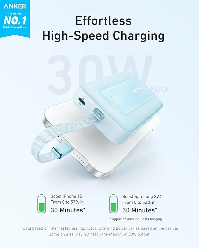 Anker Zolo Power Bank, 20000mAh, 30W Fast Charging, Built-in Type-C Cable, Blue, A1689H31