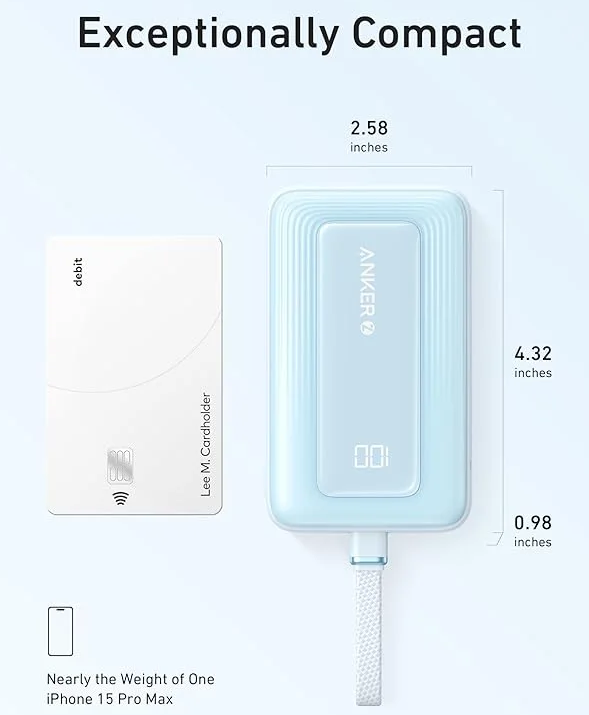 Anker Zolo Power Bank, 20000mAh, 30W Fast Charging, Built-in Type-C Cable, Blue, A1689H31
