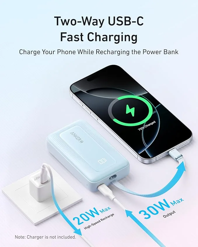 Anker Zolo Power Bank, 20000mAh, 30W Fast Charging, Built-in Type-C Cable, Blue, A1689H31